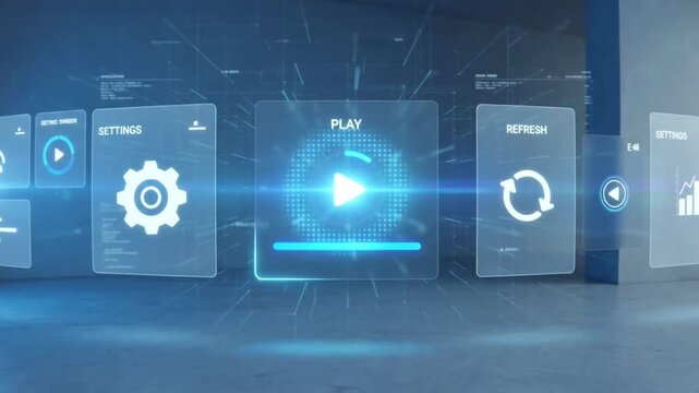 Animation minimalistic tech display with holographic UI panels in a futuristic background.