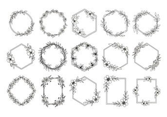 Fototapeta premium Collection of hand drawn floral wreaths and circular frames vector set with floral wreath flower wreath leaf garland round border nature element botanical
