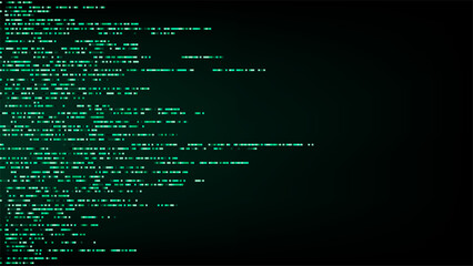 Fototapeta premium Abstract green matrix code streaming horizontally on dark background, futuristic digital technology cyber security programming and high tech data visualization design