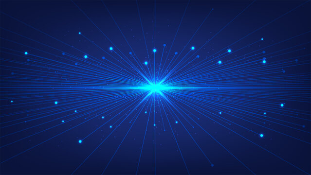 Abstract futuristic blue background with radiating light lines and glowing digital nodes for technology concepts