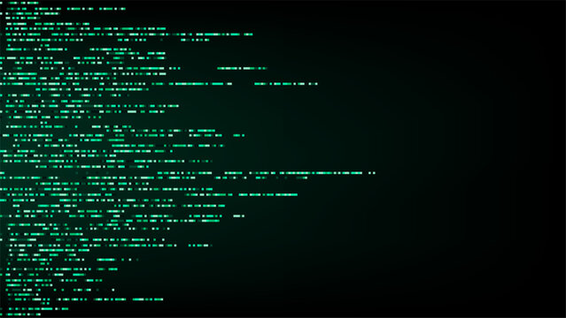 Abstract green matrix code streaming horizontally on dark background, futuristic digital technology cyber security programming and high tech data visualization design