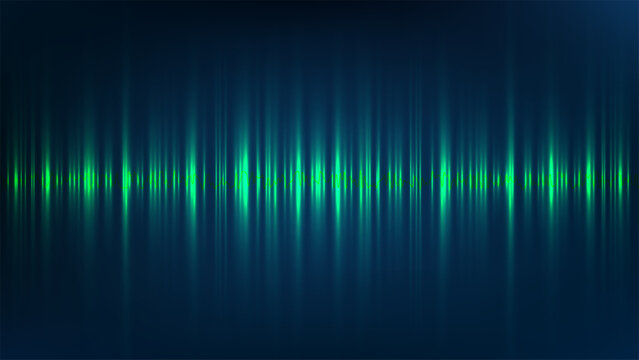 Abstract digital glowing green audio spectrum equalizer sound wave horizontally stretched on dark navy background with neon cyan light streaks, futuristic music technology visualizer