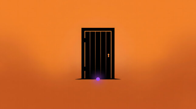 Graphic black door icon with keyhole and purple orb on orange backdrop provides clean conceptual visual for web design and branding materials.