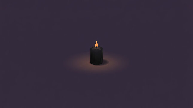 Thick black candle burning with soft orange glow on deep violet surface serves as evocative visual for relaxation and wellness branding kits.