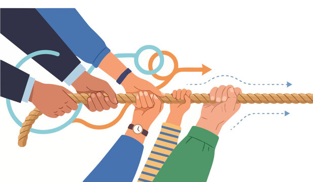 Hands pulling rope together demonstrating team strength and unity vector illustration