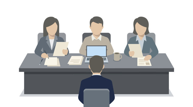 Professional job interview panel reviewing candidate in office setting