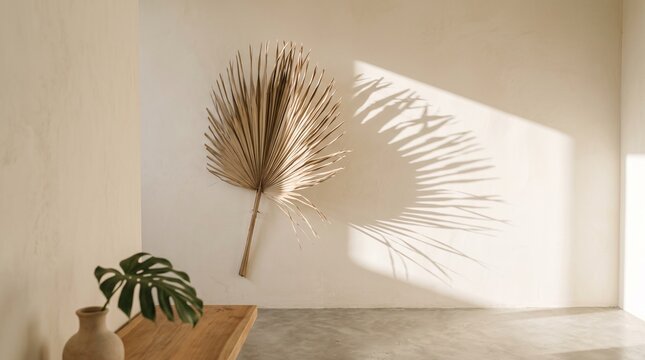 Minimalist interior with dried palm leaf and soft sunlight shadow