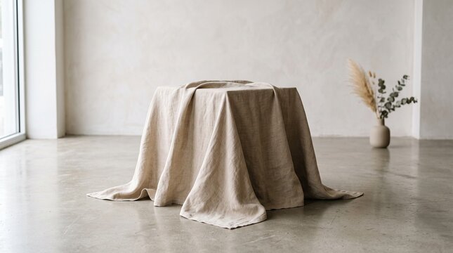 Minimalist pedestal covered with beige linen fabric