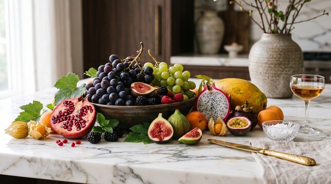 Fresh assorted fruits on marble kitchen counter