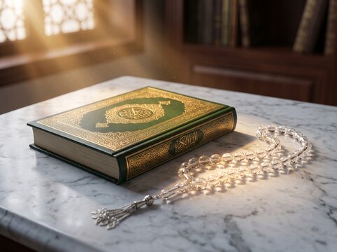 Holy Quran and prayer beads on a marble table