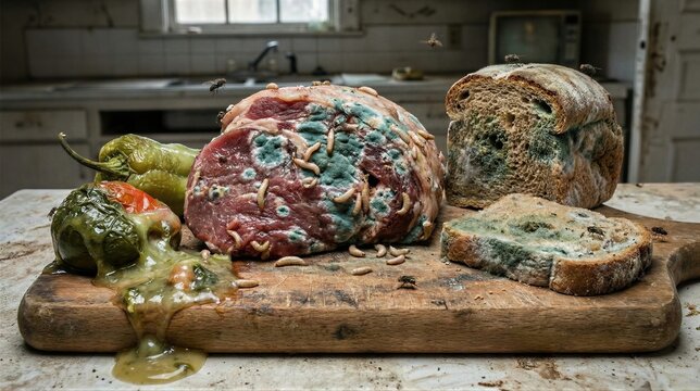 Rotten meat with mold and maggots next to decayed bread and peppers on a wooden board. Food poisoning and bacteria contamination concept. Unsanitary kitchen with fly and spoilage.