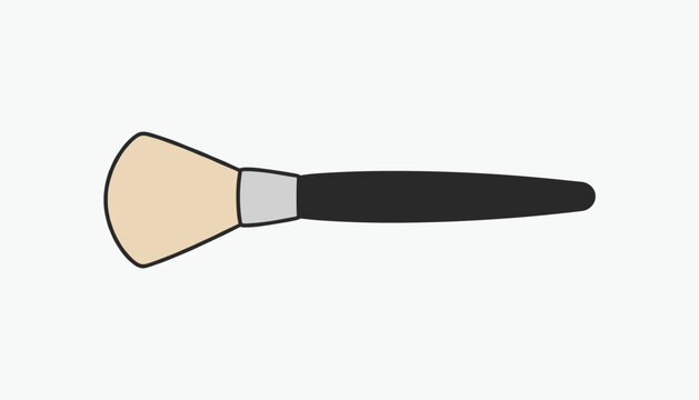 Cute makeup powder brush cartoon illustration with soft bristles and a sleek black handle on a light gray background.