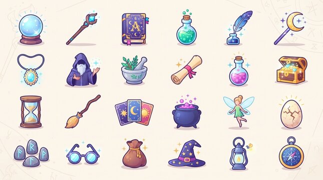 set of magical fantasy icons and wizard items