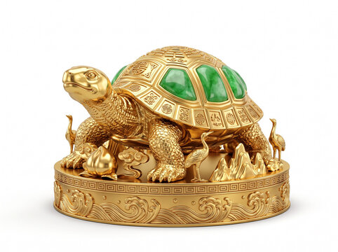 Elegant golden Chinese feng shui longevity tortoise sculpture featuring emerald jade panels intricate Bagua patterns ornate circular pedestal cranes clouds mountains luxury handcrafted 3D render


