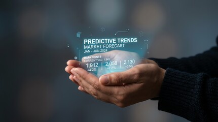 Obraz premium Person holding futuristic holographic interface with business predictive trends and market forecast data