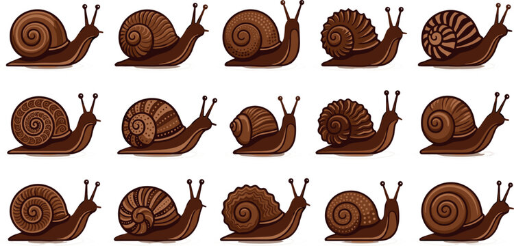 Cute brown snail vector character collection set with different detailed spiral shell patterns isolated on white background