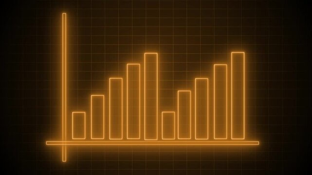 Neon-style bar chart with vertical and horizontal axes glowing outline and varying bar heights animation