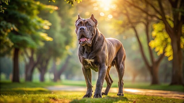 Majestic Cane Corso Dog Standing Proudly in Sunlit Park Landscape