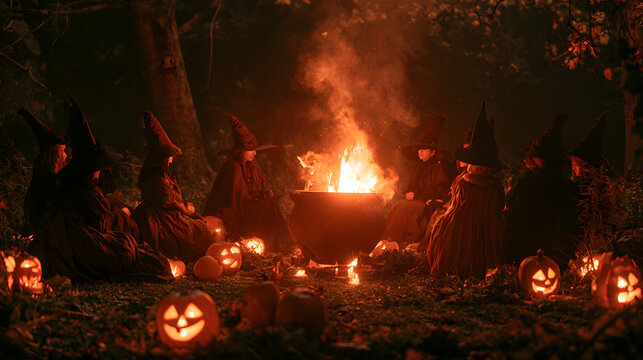 Coven of witches in black pointy hats sitting in a circle around a flaming cauldron and glowing Jack-o'-lantern pumpkins in a dark forest. Mysterious Halloween ritual and magic gathering photo.