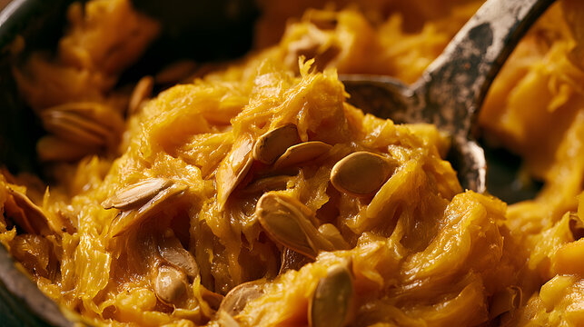 Close-up view of fresh raw pumpkin pulp, stringy flesh, and seeds being scooped out during Halloween Jack-o'-lantern carving. Autumn harvest, baking ingredient, and seasonal activity photo.