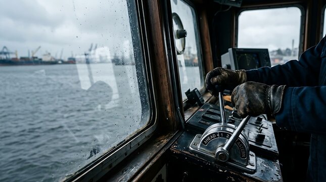 Ship captain operating controls in the bridge of a vessel at sea