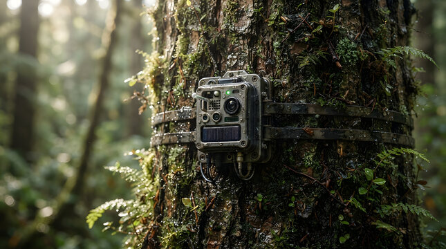 Trail camera mounted on a mossy tree trunk in a dense forest for wildlife monitoring.