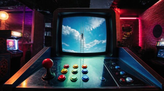 Close-up of a retro arcade machine control panel. The CRT screen shows a figure ascending a ladder against a cloudy sky. The room is illuminated by moody neon lights.