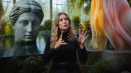 Fototapeta premium A woman with curly hair gestures with her hands in a vibrant botanical garden. Behind her, a large classical statue head emerges from water, juxtaposed with colorful, flowing fabric and lush plants.