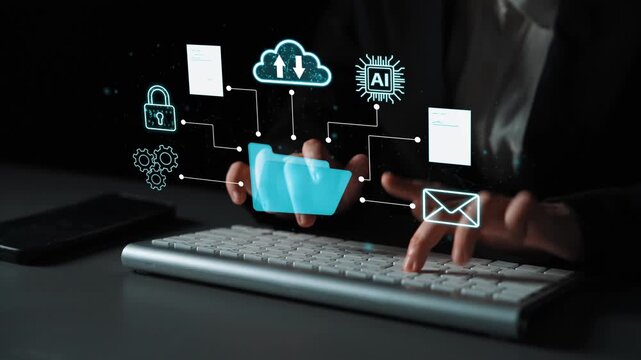 Hands Typing on Keyboard with Digital Icons Representing Cloud Storage, Data Security, Artificial Intelligence, Email Communication and Technology Concepts. Entropy.