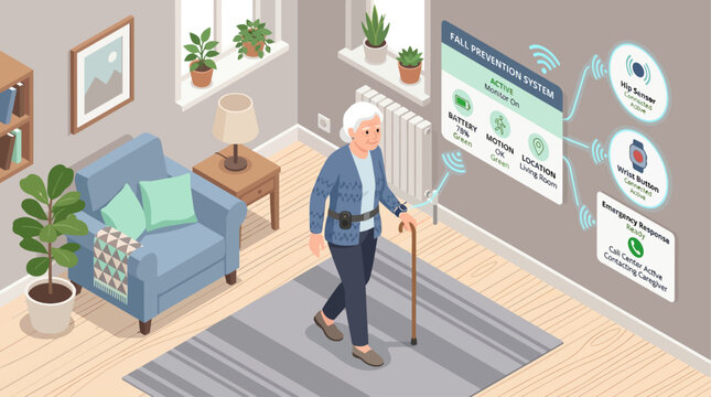 Isometric Smart Home Healthcare Fall Prevention System with Senior Woman Walking in Living Room