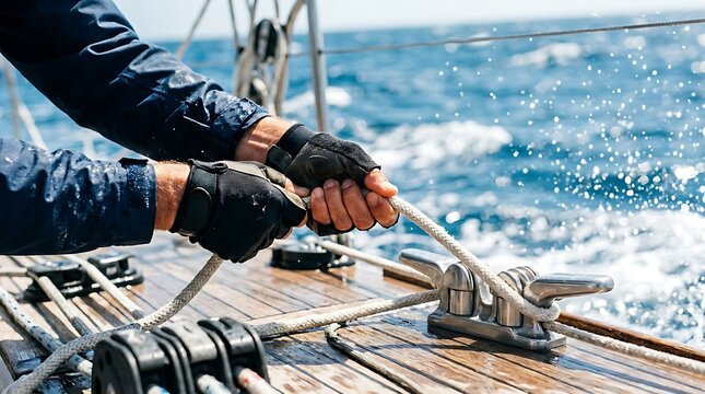 Hands in gloves pulling a rope on a sailboat deck with ocean spray