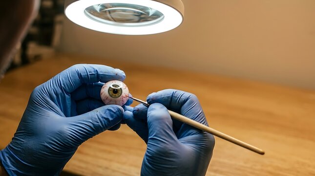 Ocularist meticulously crafts a prosthetic eye with fine brush under magnification lamp