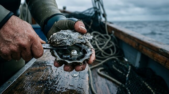 Oyster farmer opens oyster revealing a perfect pearl on a boat at sea