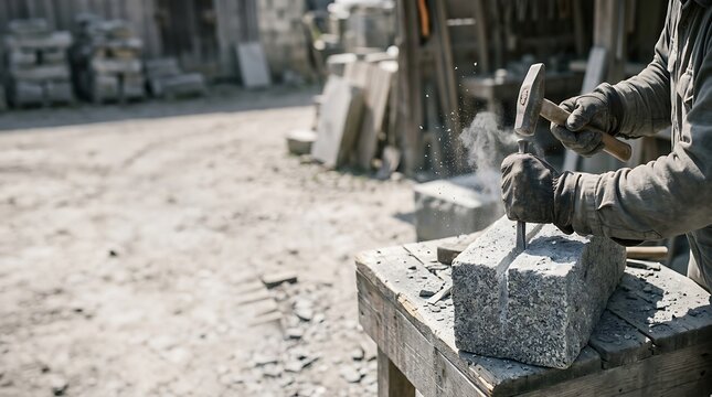 Stone Carver Working with Hammer and Chisel on Granite Block