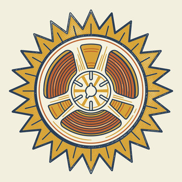 Retro sun reel icon with vintage film spool illustration