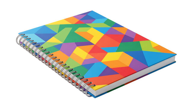 Colorful geometric spiral notebook, vibrant mosaic pattern journal, rainbow abstract stationery for school and office supplies