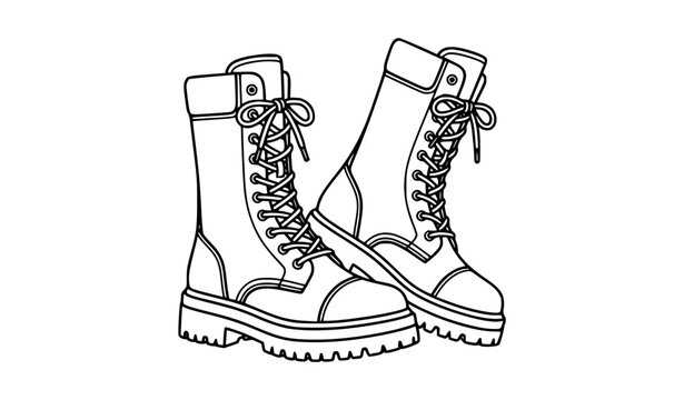Tall lace up combat boots with thick platform soles minimalist outline vector illustration