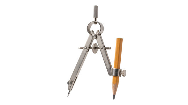 Professional metal drawing compass with yellow pencil, precision drafting tool for geometry, technical architect equipment on white background