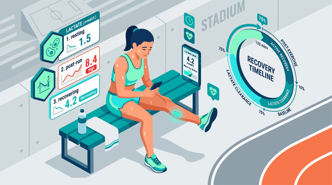 Isometric female athlete tracking post-workout lactate recovery data with biosensor and smartphone app at stadium