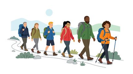 Fototapeta premium Group of diverse hikers walking on a trail illustration