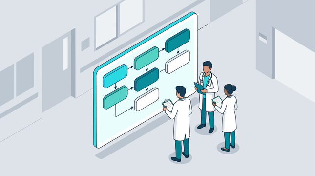 Isometric medical team analyzing digital flowchart screen for hospital workflow and healthcare management concept