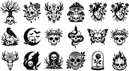 Naklejka premium Floral and skull vector illustration collection with gothic and natural motifs