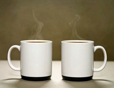 Two ceramic coffee mugs in solid white and black colors placed side by side on a neutral surface with beverage