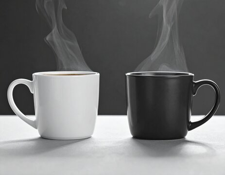 Two ceramic coffee mugs in solid white and black colors placed side by side on a neutral surface with beverage