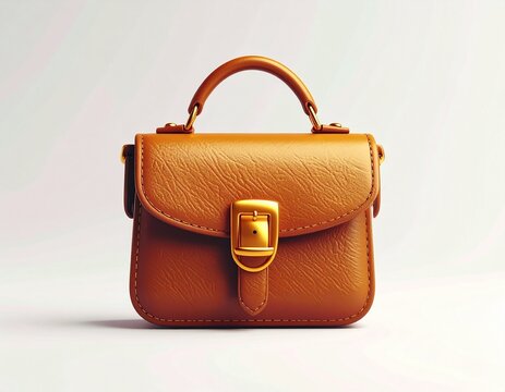 3D icon of a small brown leather handbag with buckle accessory fashionable illustration isolated shoulder