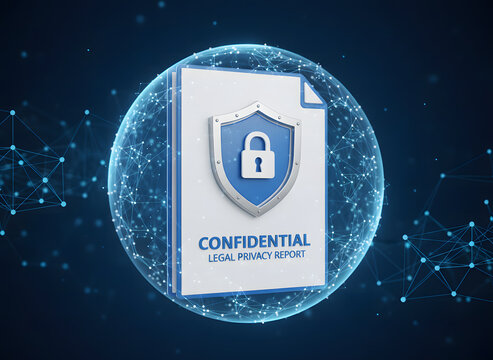 Data security document icon with a shield symbol representing confidential reports and legal privacy document security