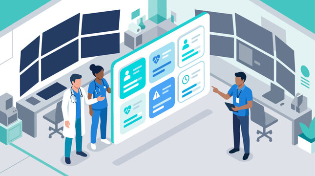 Isometric medical team analyzing digital patient health records and data on large screen in hospital command room