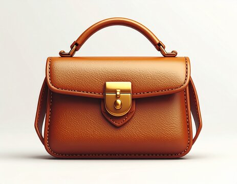 3D icon of a small brown leather handbag with buckle accessory fashionable illustration isolated shoulder