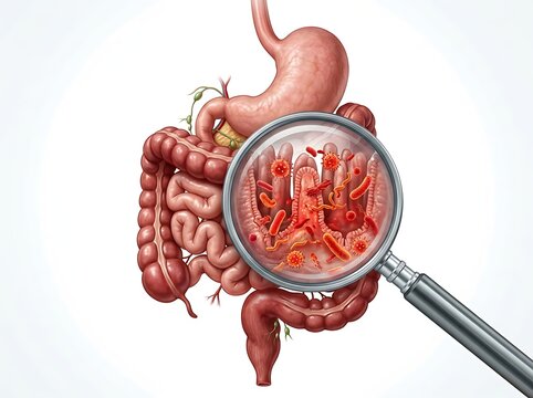 Medical illustration of the human digestive system with a magnifying glass focusing on intestinal villi and microorganisms, isolated on white background