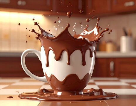Hot chocolate mug with milk splash chocolate beverage delicious breakfast background isolated